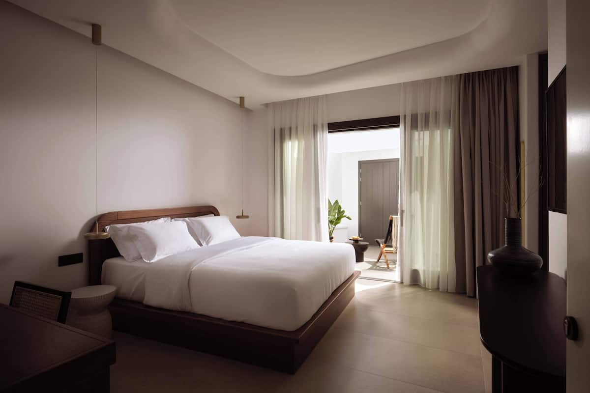 A modern hotel room with a large bed, a bedside table, a chair, and a desk. There is a window with curtains, a door, and a plant.