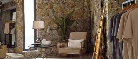 A room with a stone wall, a chair, a lamp, a plant, and a clothing rack.