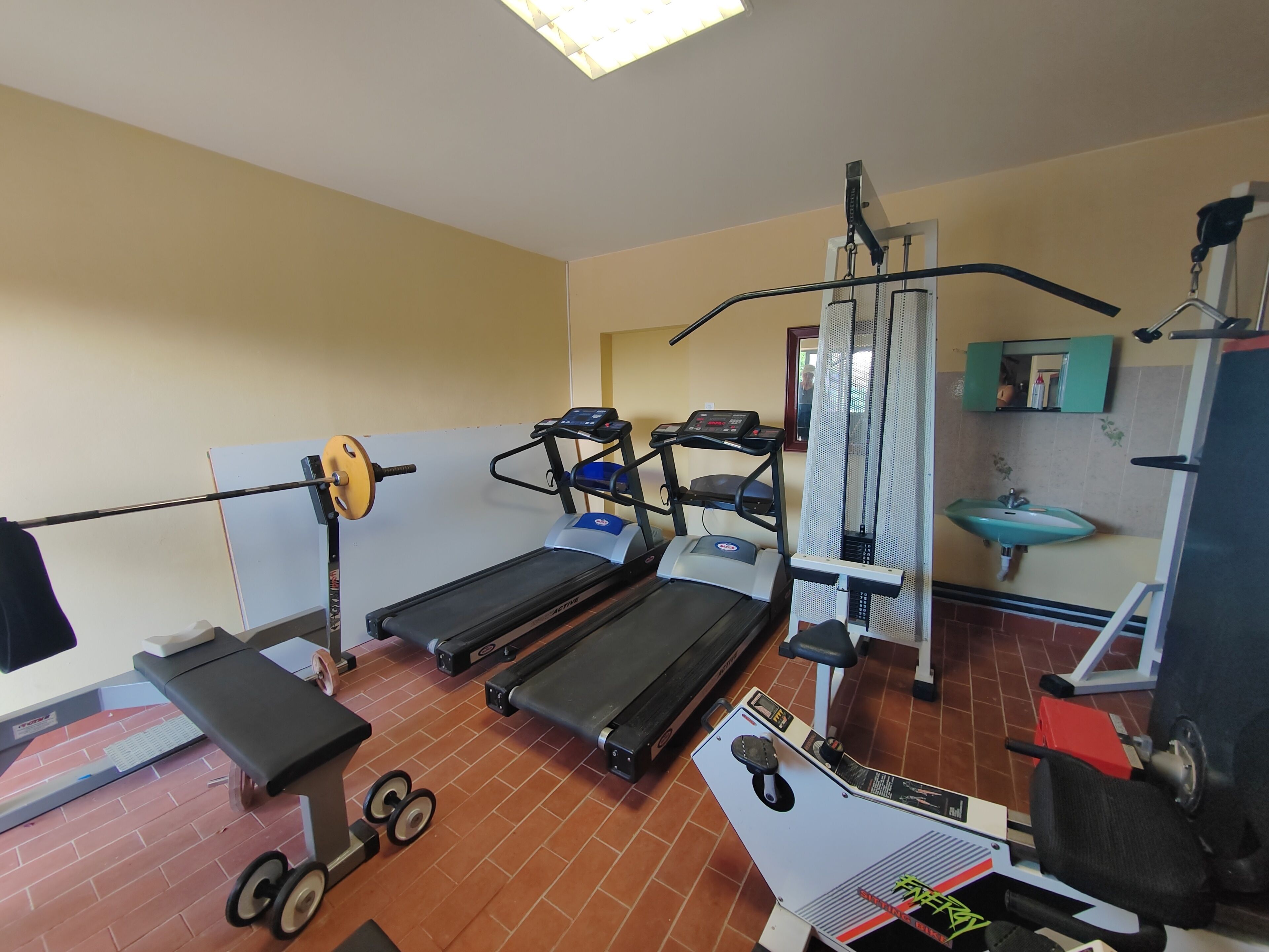 Een fitnessruimte met loopbanden, krachttrainingsapparaten en gewichten.