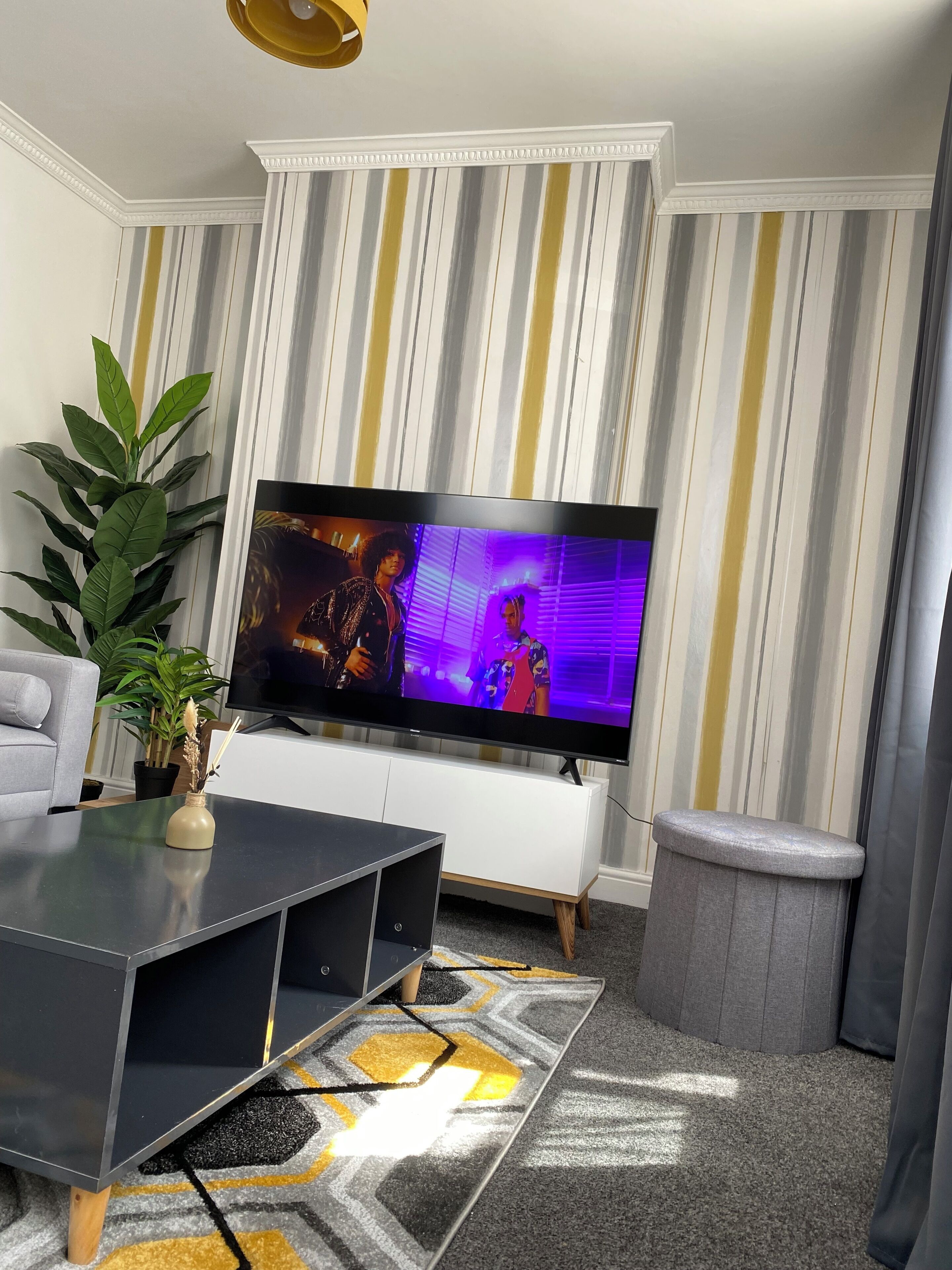 Una sala de estar con una televisión de pantalla plana, un sofá gris, una mesa de centro, una planta en maceta y una pared a rayas.