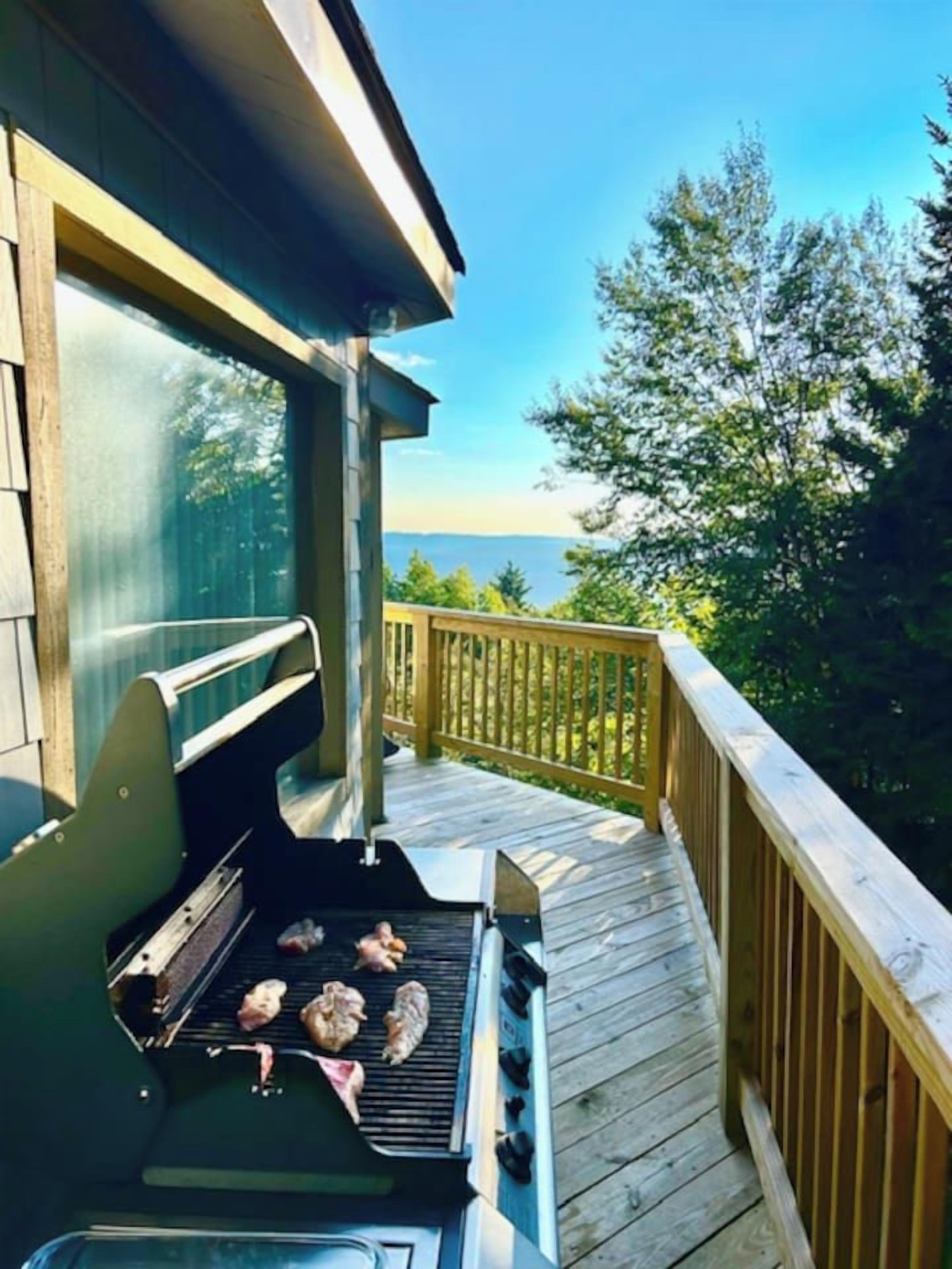 Une terrasse en bois avec un barbecue.