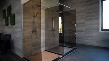 Shower, hair dryer, towels, soap