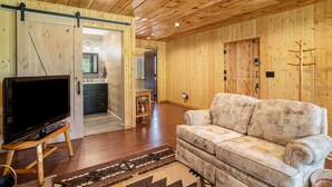A wooden interior with a sofa, a television on a wooden stand, and a kitchen area visible through an open door.