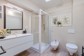 Regadera, secadora de cabello, bidet, toallas 