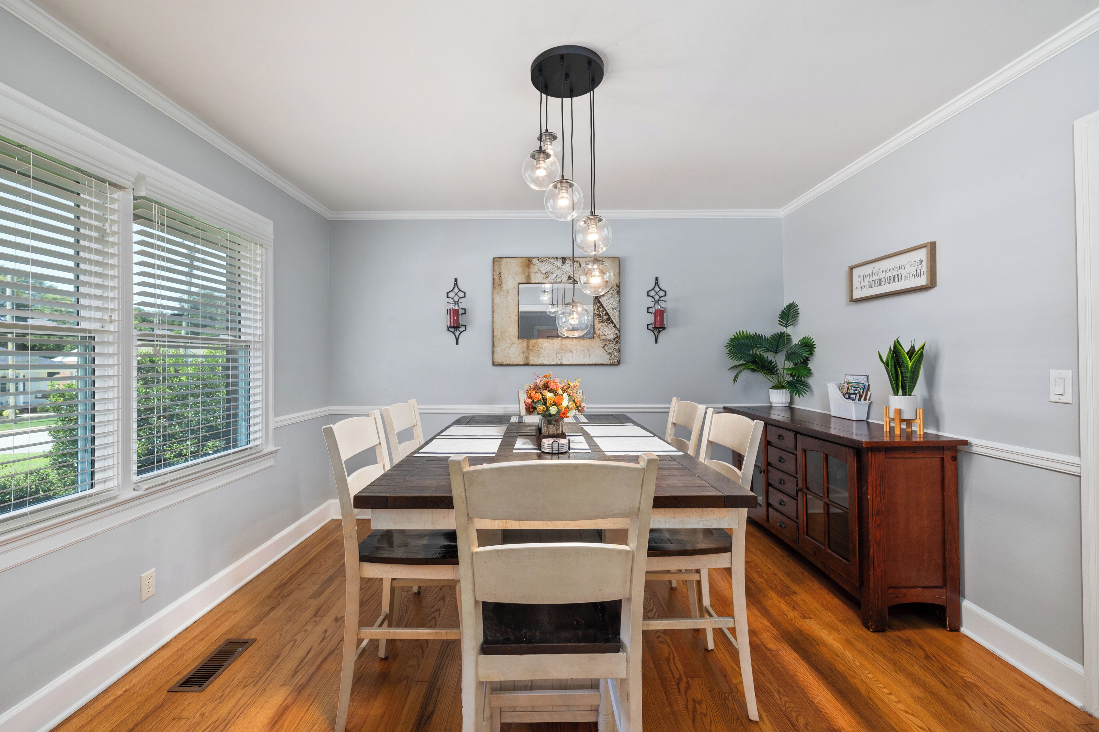 Bright dining room with seating for 8 and beautiful natural light