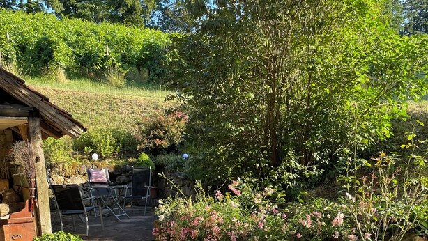 Una terrazza esterna con tavolo e sedie di legno, un muro in pietra e un giardino con fiori rosa.