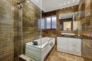 Hair dryer, towels, soap, toilet paper