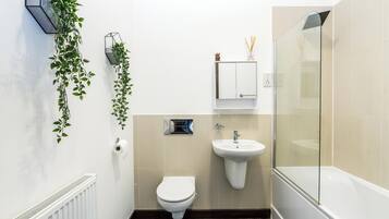 Hair dryer, towels, soap, shampoo