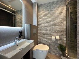 Dusche, kostenlose Toilettenartikel, Haartrockner, Handtücher