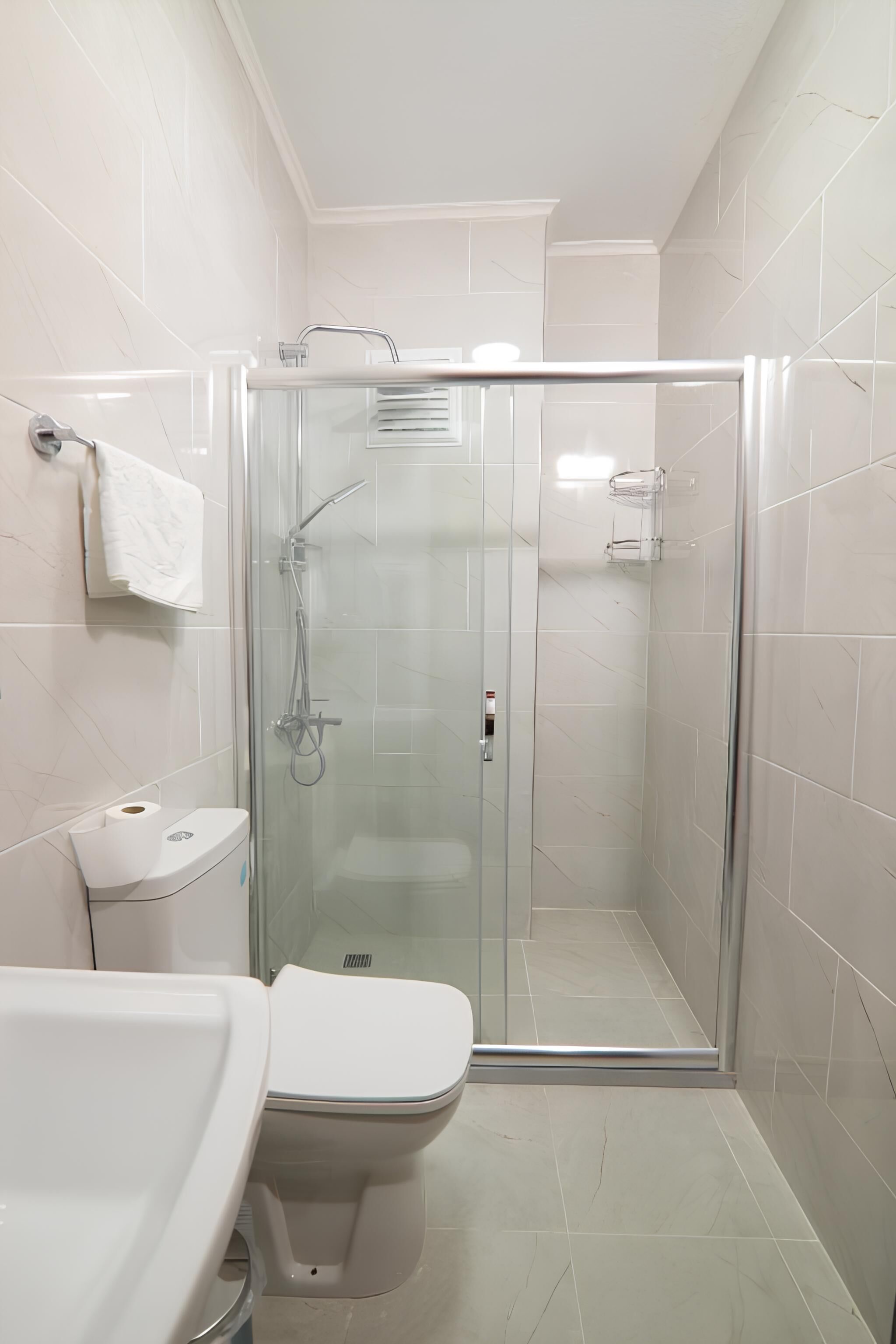 A modern bathroom with a glass-enclosed shower, a toilet, and a sink.