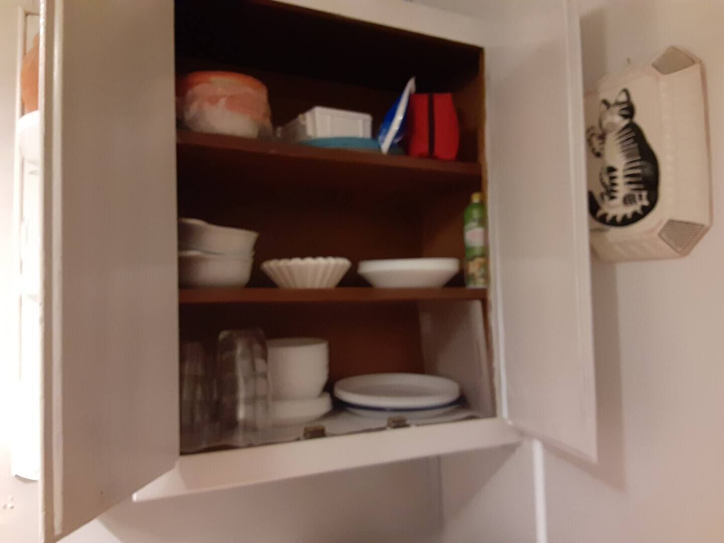 A kitchen cabinet with white dishes, a red container, and a bottle.