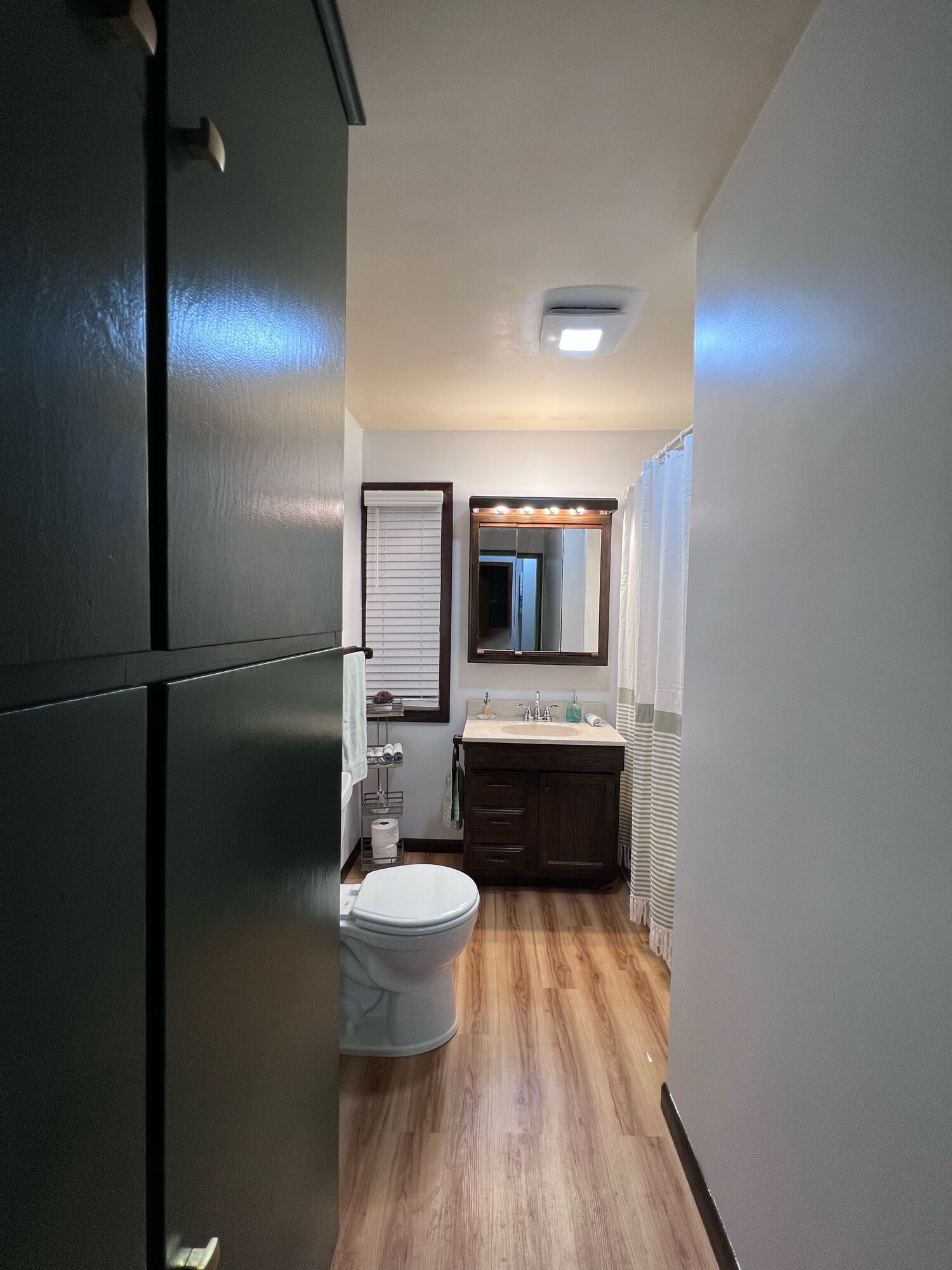 A narrow hallway leading to a bathroom with a toilet, sink, and mirror.