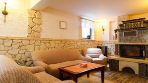 A cozy living room with a stone wall, a fireplace, and a television. - Vacation home Petra by Interhome (Neeberg)