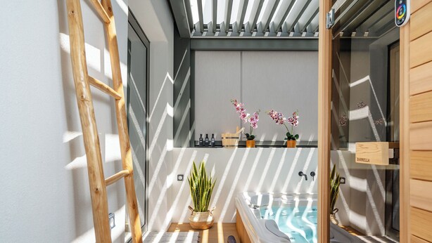 A modern bathroom with a wooden ladder, a hot tub, and potted plants. - Legato Spa Suites (Naxos)