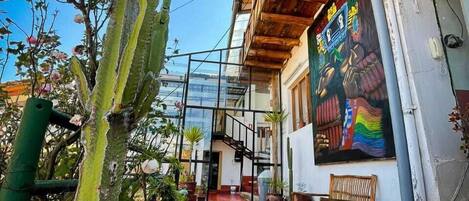 Um beco estreito com cactos em vasos, um banco de madeira e um mural colorido em uma parede de edifício.