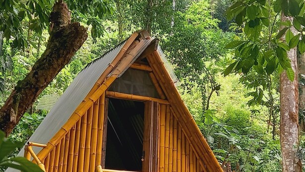 A bamboo structure with a triangular roof, surrounded by dense forest. - Cabaña el Ermitaño  (Jacó)