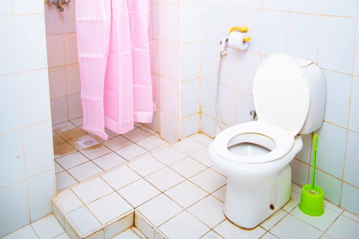 Een badkamer met een wit toilet, een douche met een roze gordijn en een groene vloerreiniger.