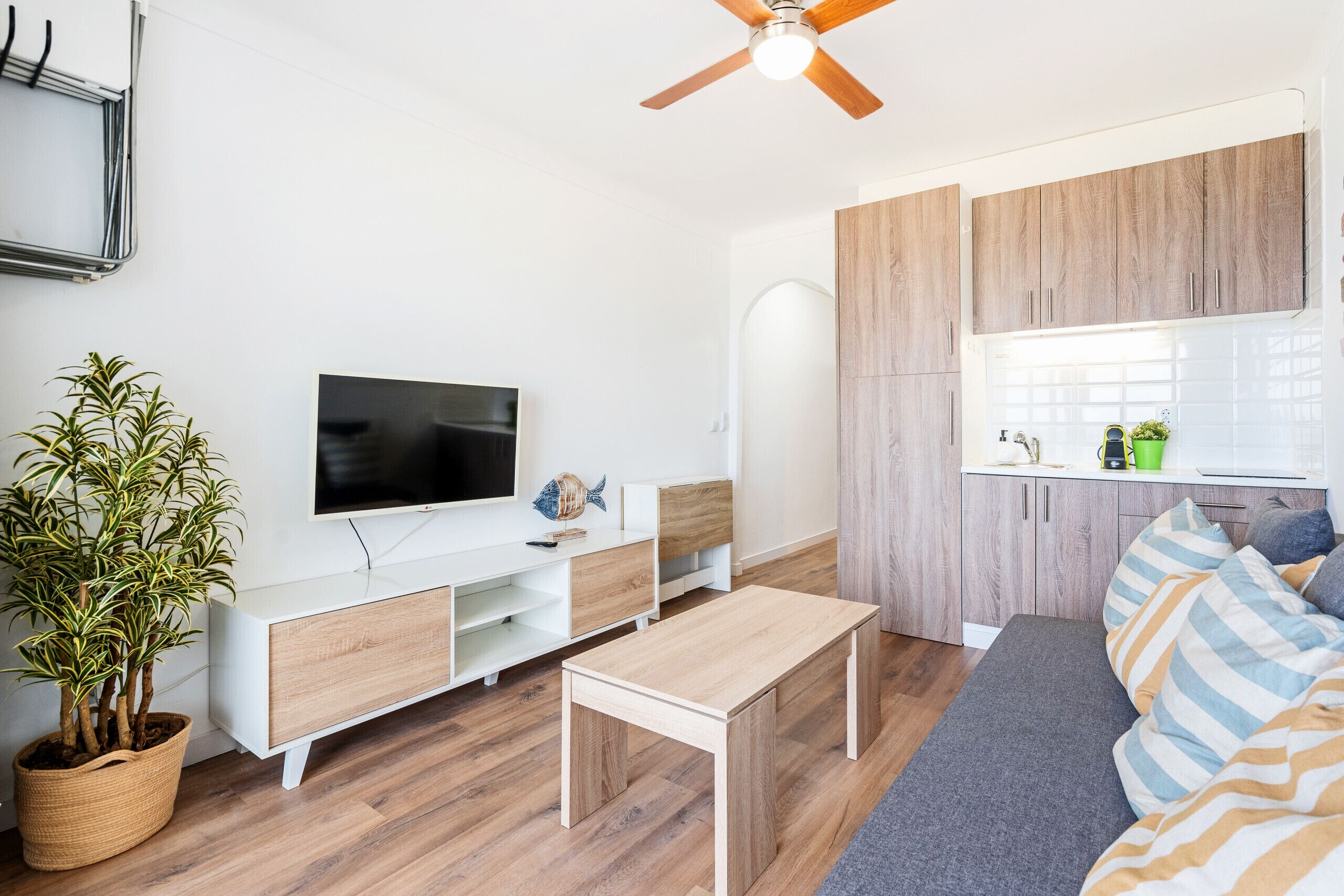 A modern living room with a flat-screen TV, wooden cabinets, a ceiling fan, and a potted plant.