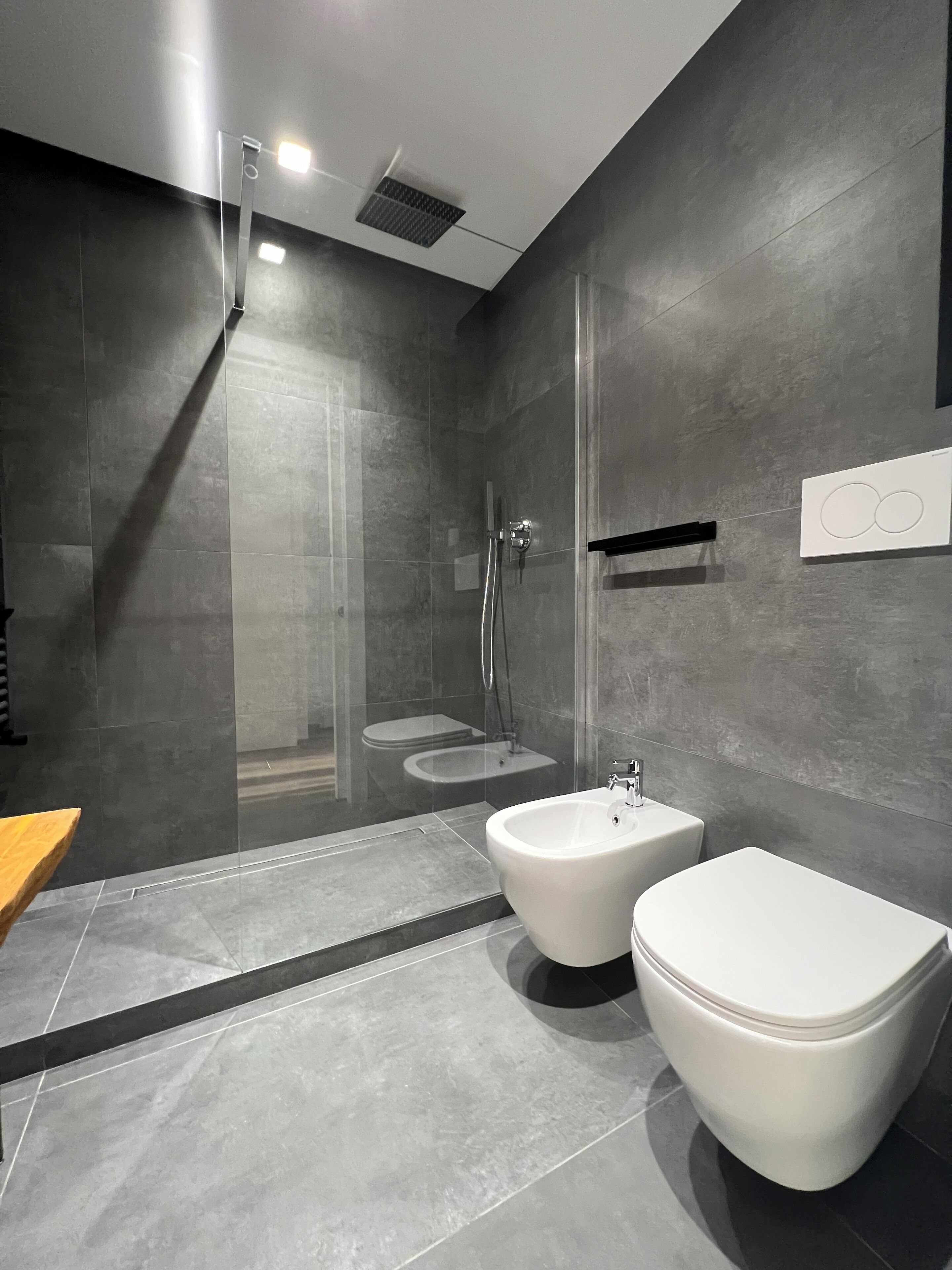 Shower, jetted bath, hair dryer, bathrobes