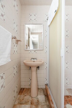 Bathroom features a pedestal sink, wall-mounted mirror, and floral tile pattern.