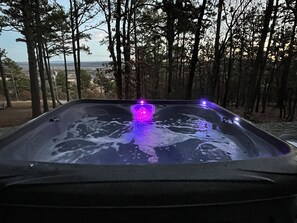 A hot tub with a purple light in a forested area.