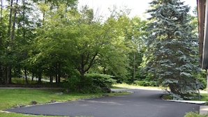 A driveway leading to a house surrounded by trees and a snow-covered evergreen. - Bolton Landing - 4 Bdrm Vacation Rental (Bolton Landing)