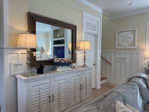 Smart TV, fireplace, books