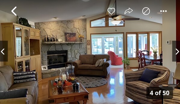 Smart TV, fireplace, video games, DVD player