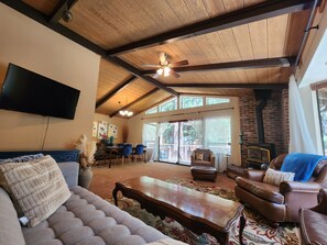 TV, fireplace, table football, computer monitors