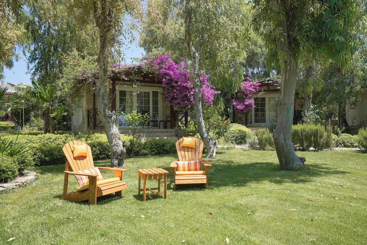 A garden with two wooden Adirondack chairs and a small table, surrounded by lush greenery and flowering trees.
