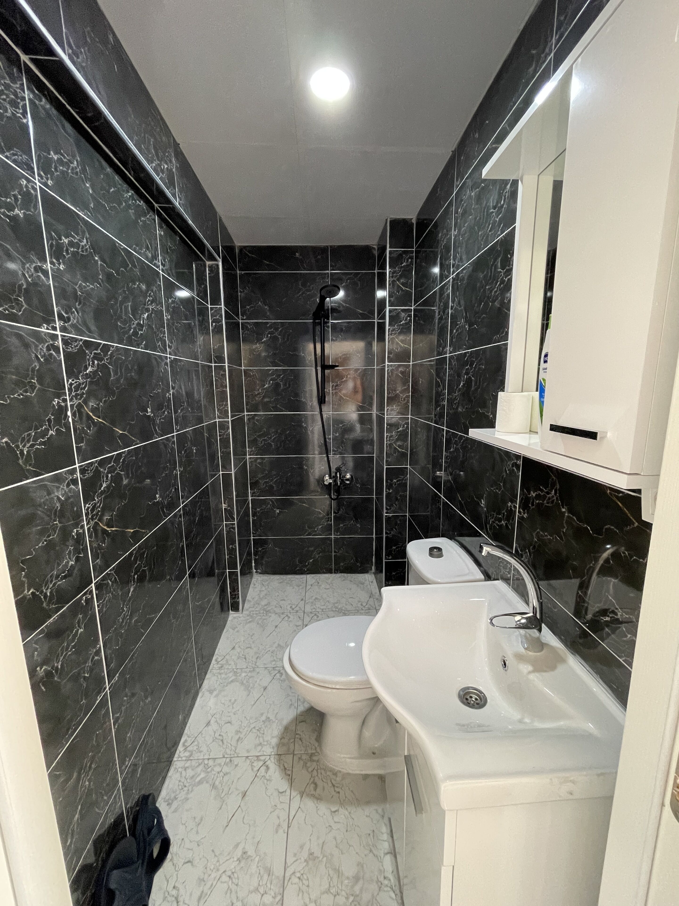 Hair dryer, towels, soap, shampoo