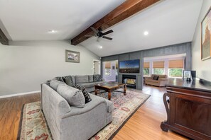 Smart TV, fireplace, foosball, printers