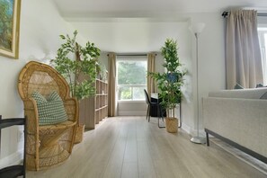 Smart TV, fireplace, table football, books