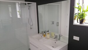 Ein modernes Badezimmer mit einer gläsernen Duschkabine, einem weißen Waschtisch mit großem Spiegel und einem Blumentopf am Fenster.