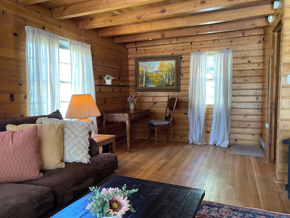 Ein gemütliches Holzhaus-Interieur mit einem braunen Sofa, einem kleinen Tisch, einem Stuhl und einem Bild an der Wand.