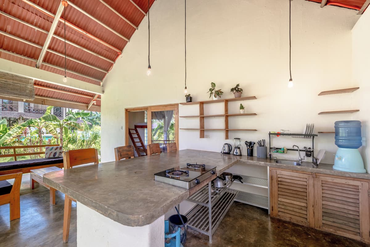 A kitchen with a central island, wooden chairs, a sink, and shelves with plants.