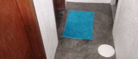 A narrow hallway with a wooden door on the left and a white wall on the right. Two blue mats are placed on the floor, and a white circular object is visible in the center.