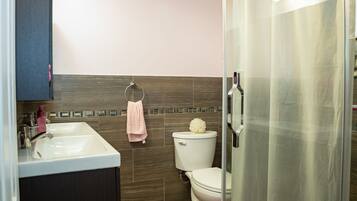 Hair dryer, towels, soap, shampoo