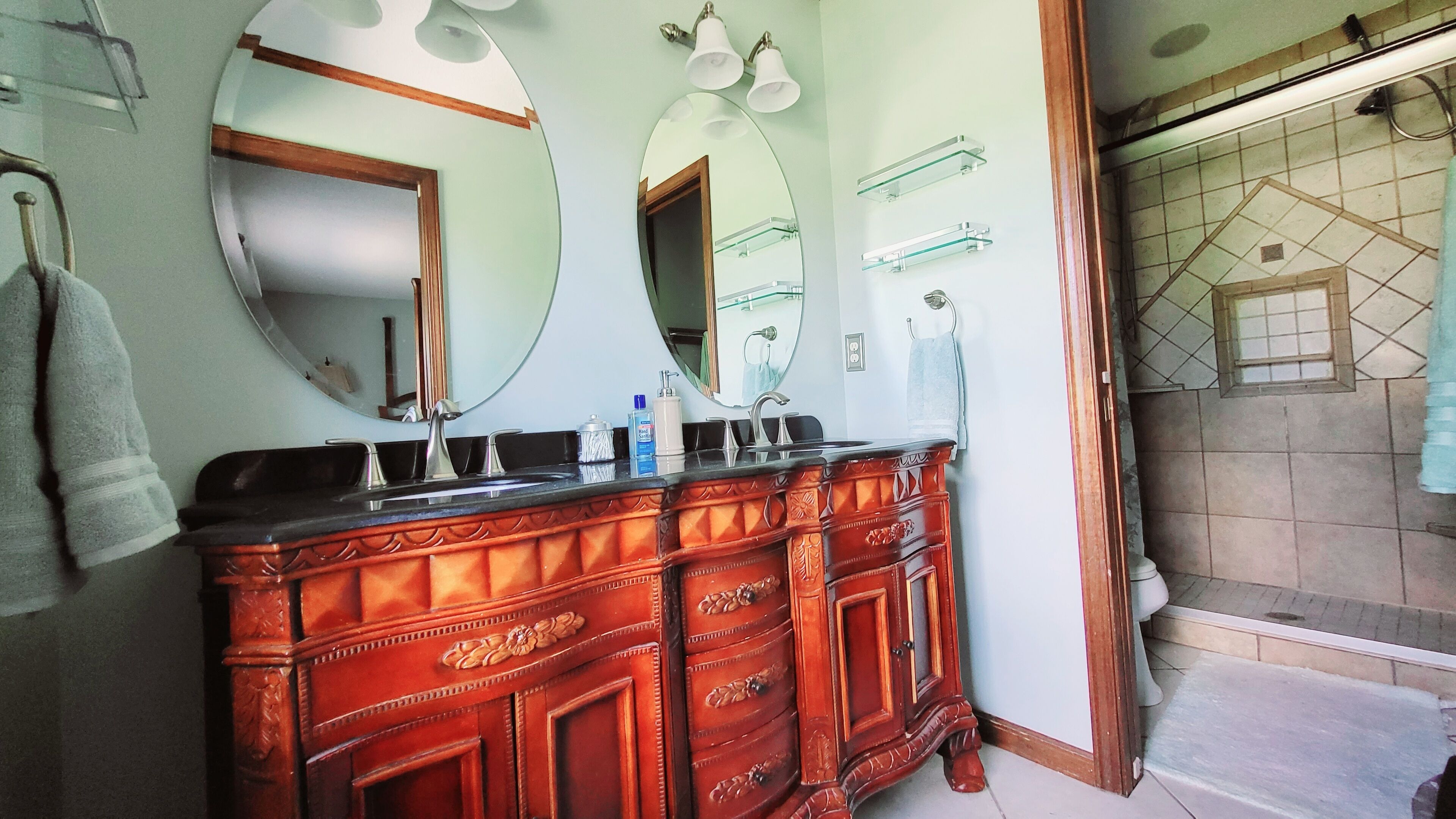 Hair dryer, towels, soap, shampoo