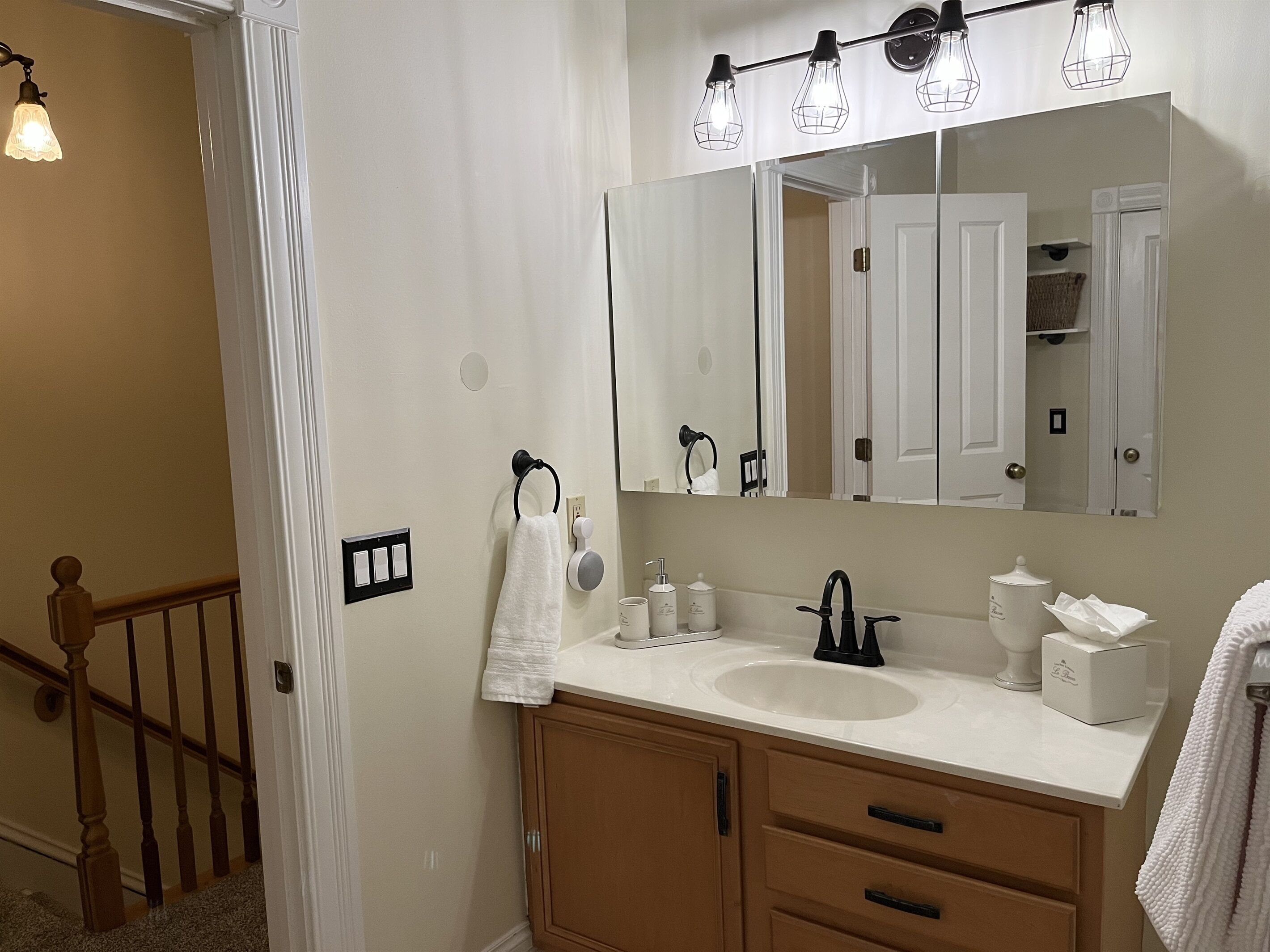 A bathroom with a white vanity, a large mirror, a towel rack, and a light fixture above the mirror.