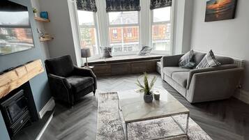 Smart TV, fireplace, books