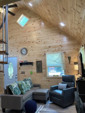 Smart TV, chimenea y libros 