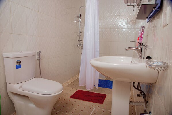 Une salle de bain avec des toilettes, un lavabo, une douche et un tapis rouge sur le sol.
