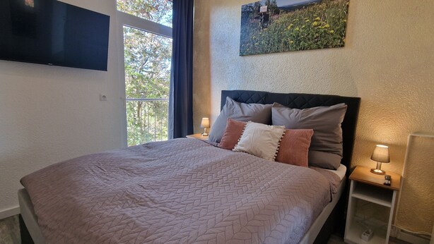 Quarto com cama, televisão fixada na parede, janela com cortinas e um quadro sobre a cama.