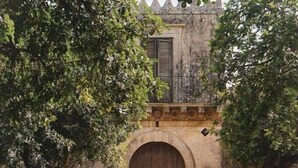 Una entrada arqueada con una puerta de madera, rodeada de muros de piedra y árboles.
