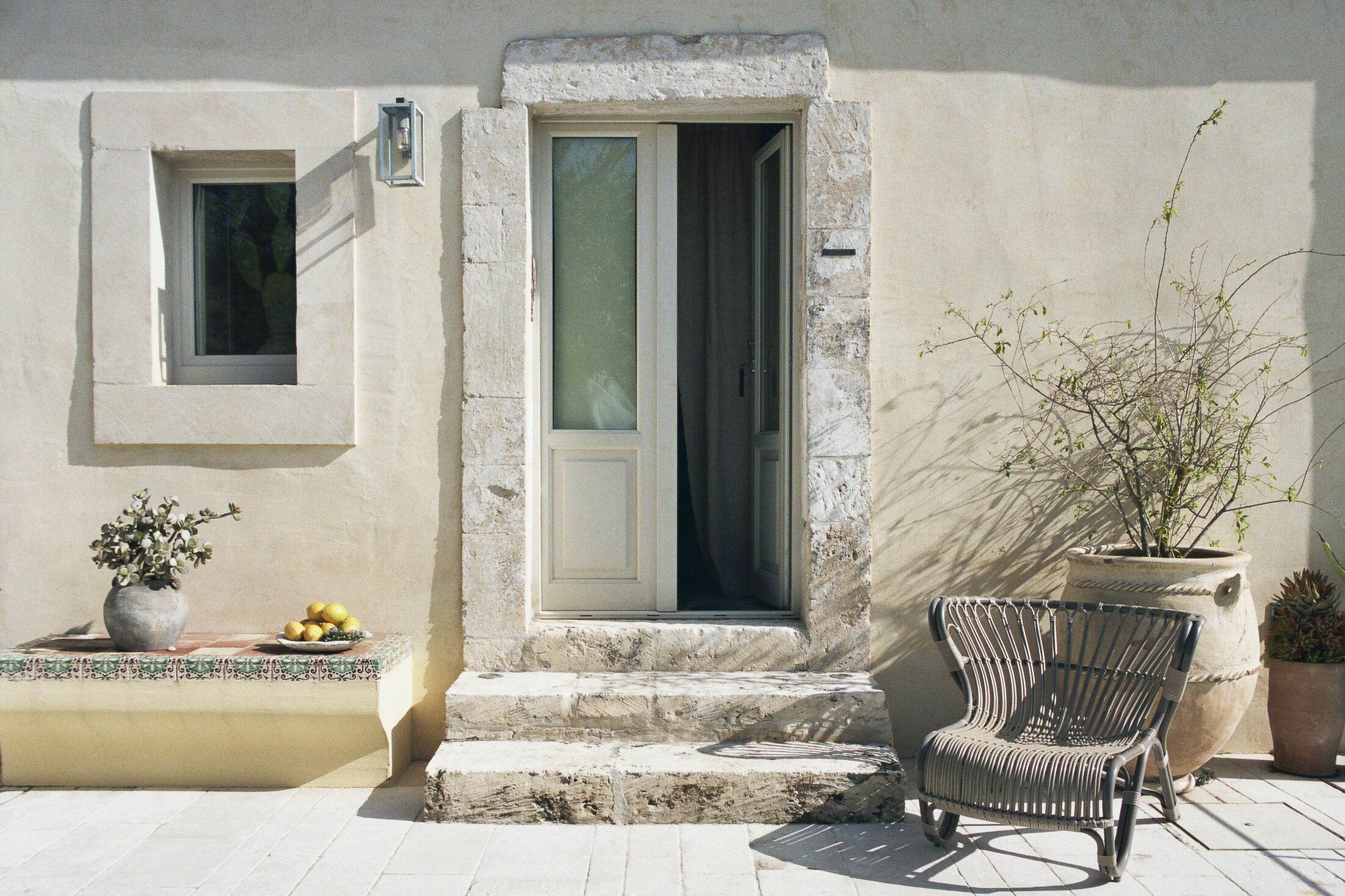A building entrance with a door, a window, a potted plant, and a chair.