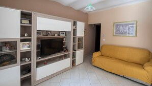 Un salon avec un canapé, une télévision et des étagères remplies de divers objets.
