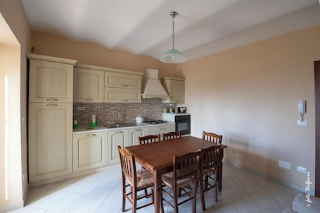 Full-size fridge, oven, stovetop, dishwasher