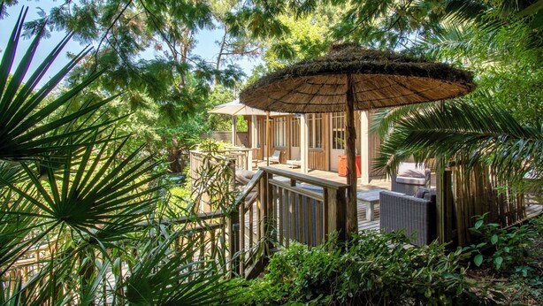 Una terraza de madera con mobiliario exterior, rodeada de exuberante vegetación y una construcción con techo de paja.