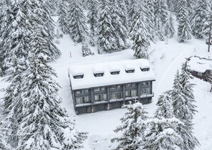 A multi-story building surrounded by snow-covered trees.